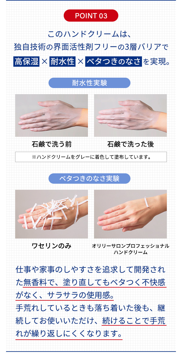 このハンドクリームは、
                        独自技術の界面活性剤フリーの3層バリアで高保湿 × 耐水性 × ベタつきのなさを実現。